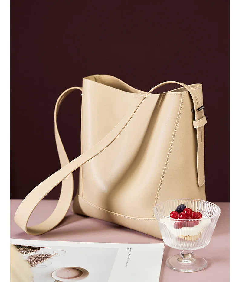 Ladies' Split Leather Bucket Shoulder Bags Female Commute Shopping Messenger Bags Adjustable Shoulder Strap Women Casual Handbag
