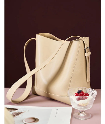 Ladies' Split Leather Bucket Shoulder Bags Female Commute Shopping Messenger Bags Adjustable Shoulder Strap Women Casual Handbag