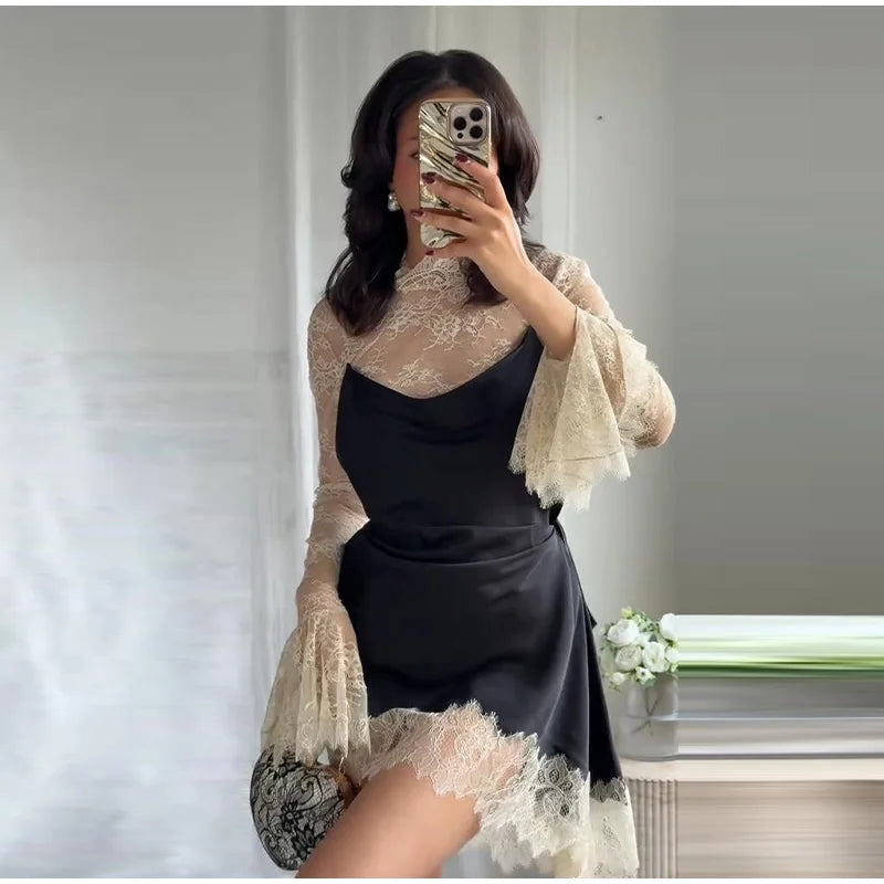 Elegant Lace Trim Satin Dress Women High Neck Color Block Full Sleeve Y2K Mini Dresses 2026 Spring Lady New Sexy Party Clubwear