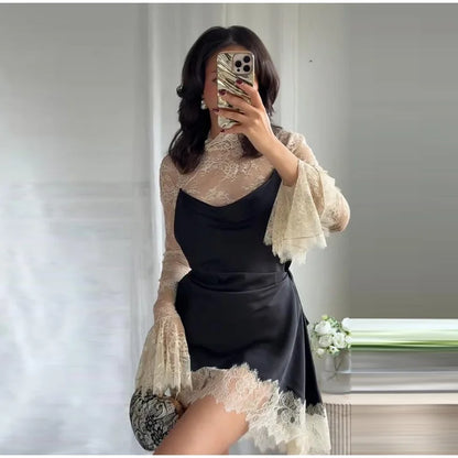 Elegant Lace Trim Satin Dress Women High Neck Color Block Full Sleeve Y2K Mini Dresses 2026 Spring Lady New Sexy Party Clubwear