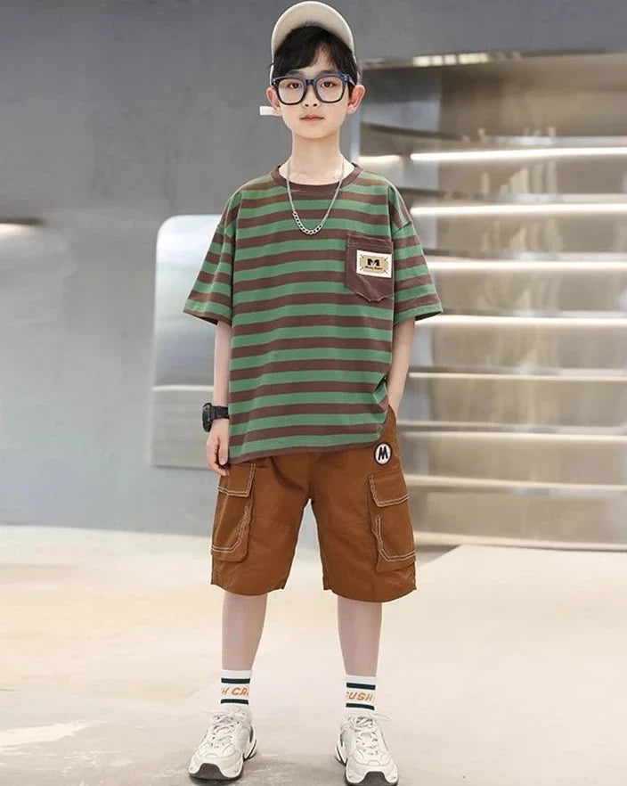 Stripes Children's Outdoor Clothes 4 Years Clothing Suit for Kids Boys Top Bottom Set Junior Shorts Summer Boy Child T-shirt 7 8