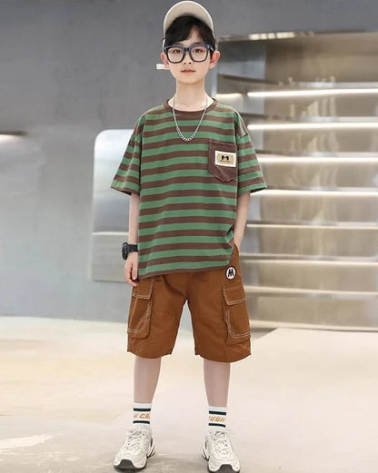 Stripes Children's Outdoor Clothes 4 Years Clothing Suit for Kids Boys Top Bottom Set Junior Shorts Summer Boy Child T-shirt 7 8