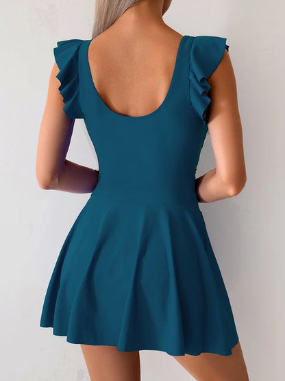 2026 Ruffle Sleeve One Piece U Neck Swimsuit Women Solid Beach Dress Swimwear Female Bathers Swimming Bathing Bodysuit Summer