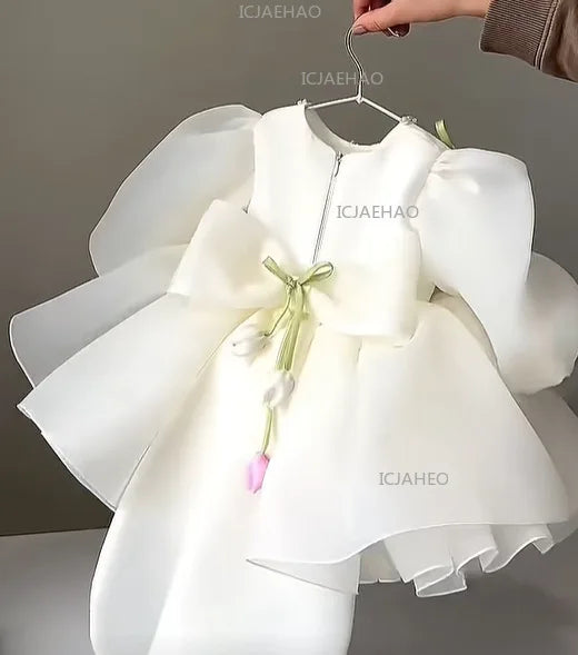 2026 New Children Girls Formal Dress Puff Sleeve Princess Gown Flower Girl Kids Floral Tulle Tutu Elegant Pageant Summer Costume