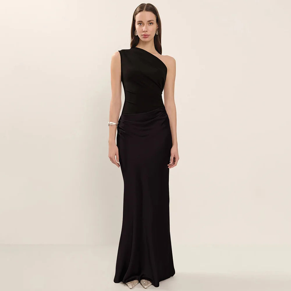 Patchwork Satin Sexy Dress Women One Shoulder Brown Sleeveless Evening Maxi Dress 2025 New Summer Elegant Party Clubwear Dresses