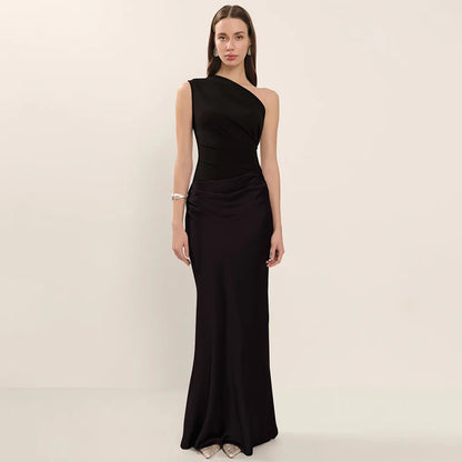 Patchwork Satin Sexy Dress Women One Shoulder Brown Sleeveless Evening Maxi Dress 2025 New Summer Elegant Party Clubwear Dresses