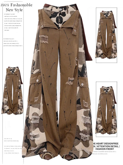 Women Brown Camouflage Patchwork Ripped Cargo Jeans Harajuku Vintage Baggy Denim Trousers Japanese 2000s Y2k Ripped Jeans Pants