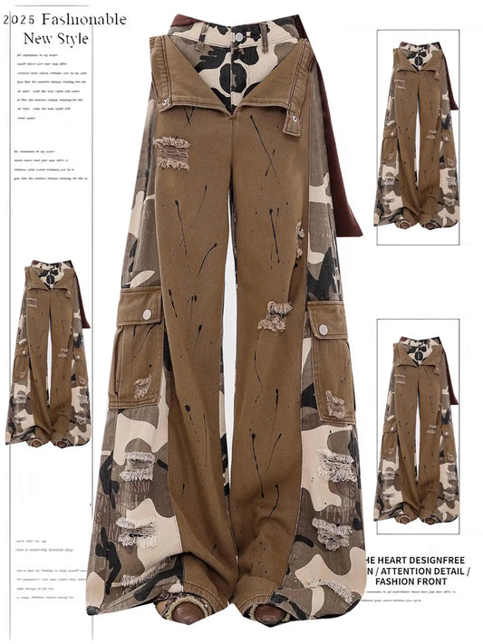 Women Brown Camouflage Patchwork Ripped Cargo Jeans Harajuku Vintage Baggy Denim Trousers Japanese 2000s Y2k Ripped Jeans Pants