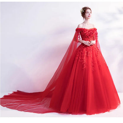Long Wrap Red Of Shoulder Lady Girl Women Prom Dress Party Evening Dress Performance Dress Wedding Sand Bridesmaid Guest Dress