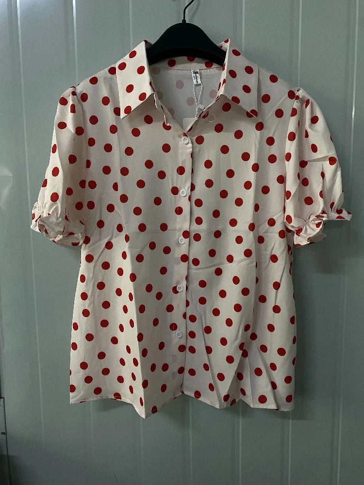 2025 Summer Sweet Blouses Polka Dot Single Breasted Tops Turn Down Collar Puff Sleeve Shirts Fashion All Match Women's Clothing