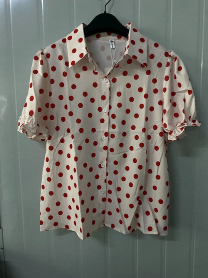 2025 Summer Sweet Blouses Polka Dot Single Breasted Tops Turn Down Collar Puff Sleeve Shirts Fashion All Match Women's Clothing