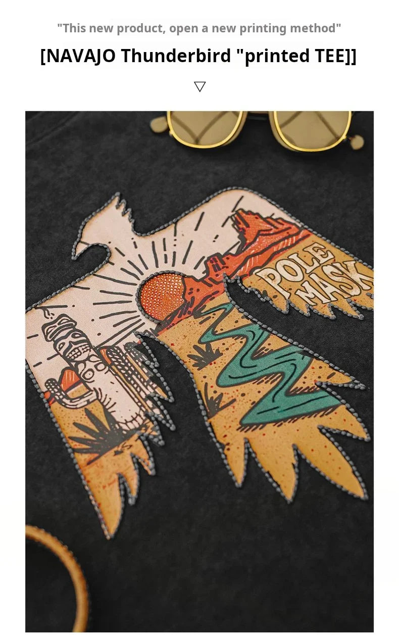 Vintage Style Thunderbird Print T-Shirt Men's Summer Heavyweight Embroidered Short Sleeve Tee Navajo Crew Neck Street Tops