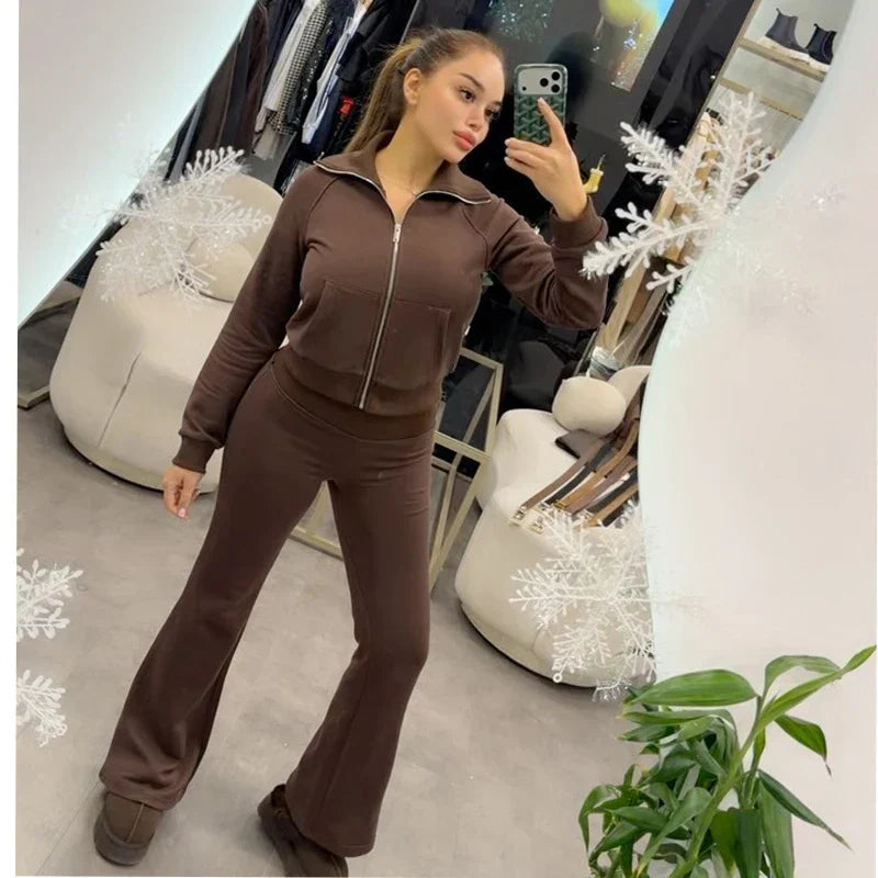 Flare Pants Sets for Women 2 Pieces Fleece High Waist Woman Trousers Sets Zipper Cropped Women's Jacket Streetwear Outfits