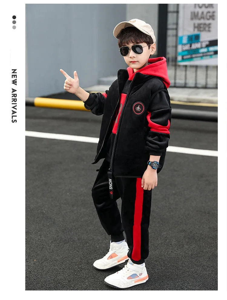 Winter Boys Warm Fleece Lined Zip Waistcoat+Sweatshirt+Sweatpant Sets School Kids 3PCS Tracksuit Children Workout Outfit 5-14Yrs