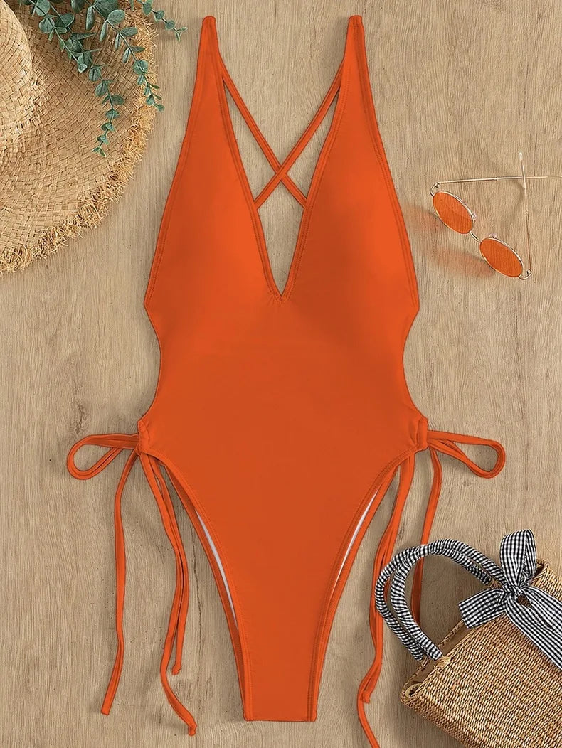 Solid Lace Up Swimsuit Woman Sexy One Piece Swimsuit Swimwear for Women Push Up Women‘s Bathing Suit Beachwear Female Bodysuit
