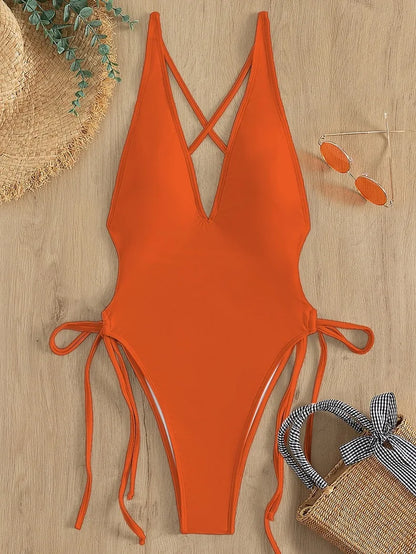 Solid Lace Up Swimsuit Woman Sexy One Piece Swimsuit Swimwear for Women Push Up Women‘s Bathing Suit Beachwear Female Bodysuit