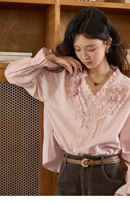 Hand Sewn Rose Blouse for Women Autumn 2025 V-neck  Edible Tree Fungus Edge Tops Sweet Lantern Sleeves Blouses MXE44X2470