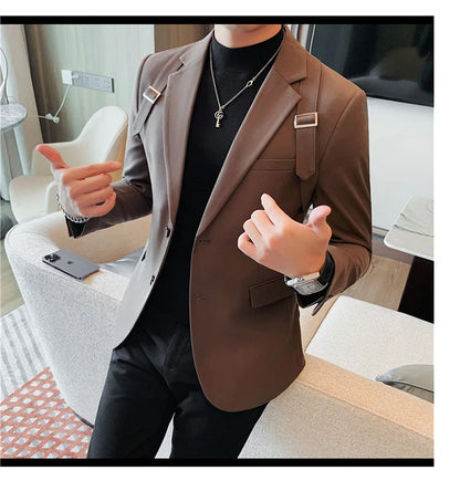2024 Autumn Winter New Strap Decoration Suit Jacket for Men Fashion Slim Casual Business Blazers Groom Wedding Social Tailcoat