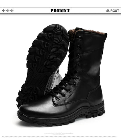 SURGUT High Top Style Snow Boots Men Warm Men Lace Up Tactical Boots Brand Fashion Winter Ankle Boots Leather Outdoor Footwear