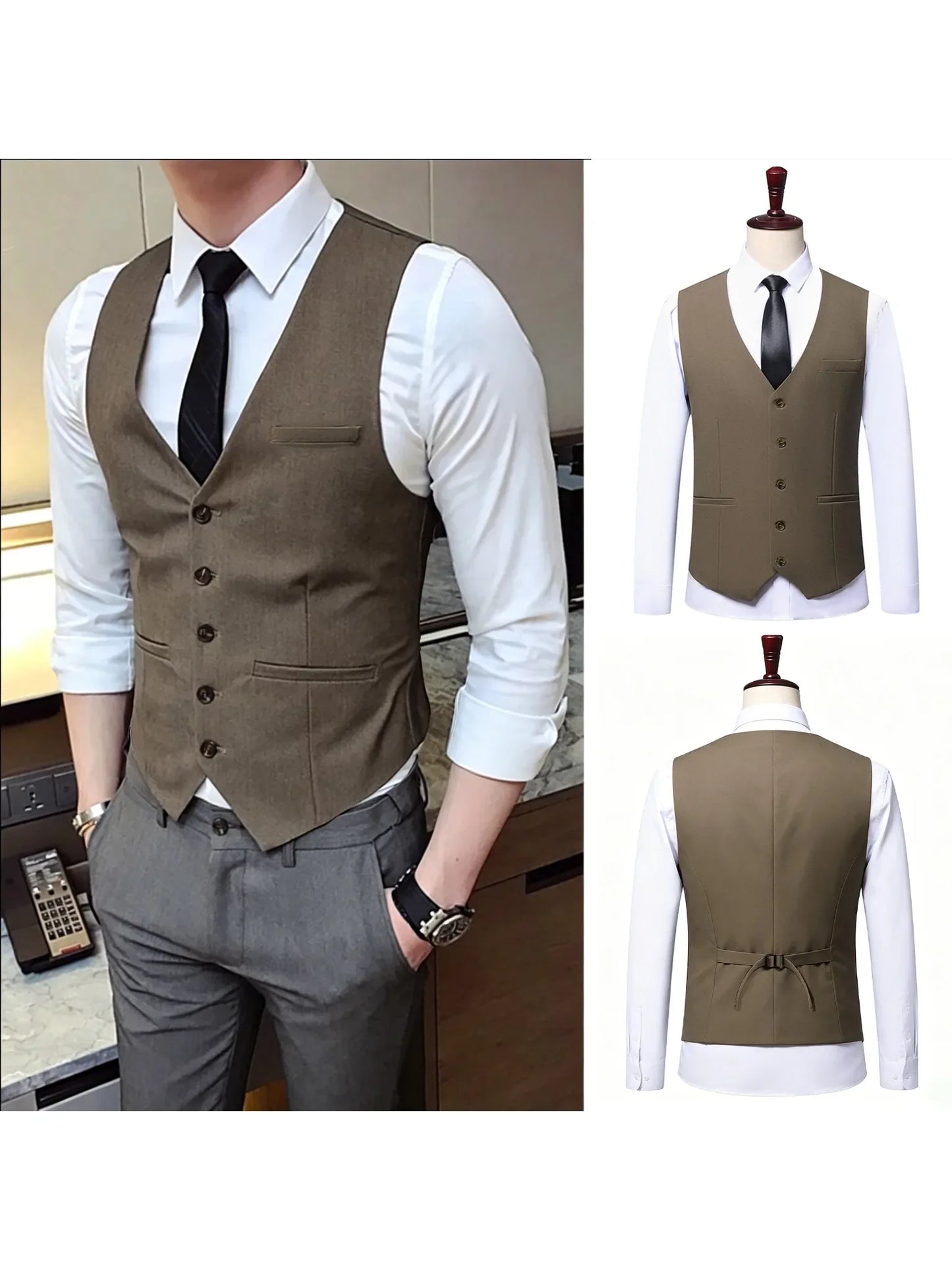 Plus Size Mens Vest Checkered Elastic Single Breasted Waistcoat For Host Groom Groomsmen Coffee Khaki l Suit Vest for Men 9XL