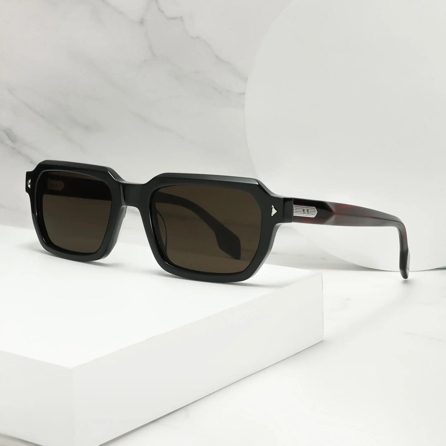 Designer Retro Rectangle Sunglasses Color Block Black Dark Red Temples UV400 Unisex Eyewear