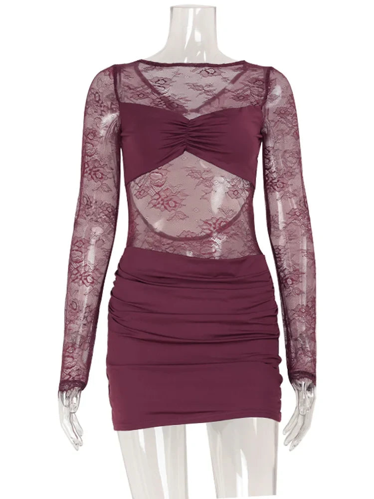 Lace Patchwork Backless O Neck Women Dresses Fashion Sheer Long Sleeve Sheath Outfits Hollow Out Female Hip Wrap Bodycon