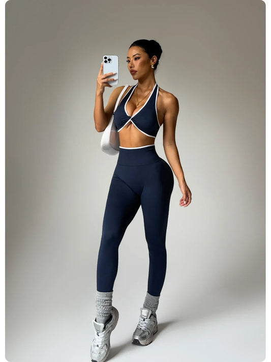 ZHEJIN 2 Piece Yoga Set Women Contrast Trim Halter Sports Bra High Waist Seamless Leggings Gym Workout Set Fitness Activewear Su