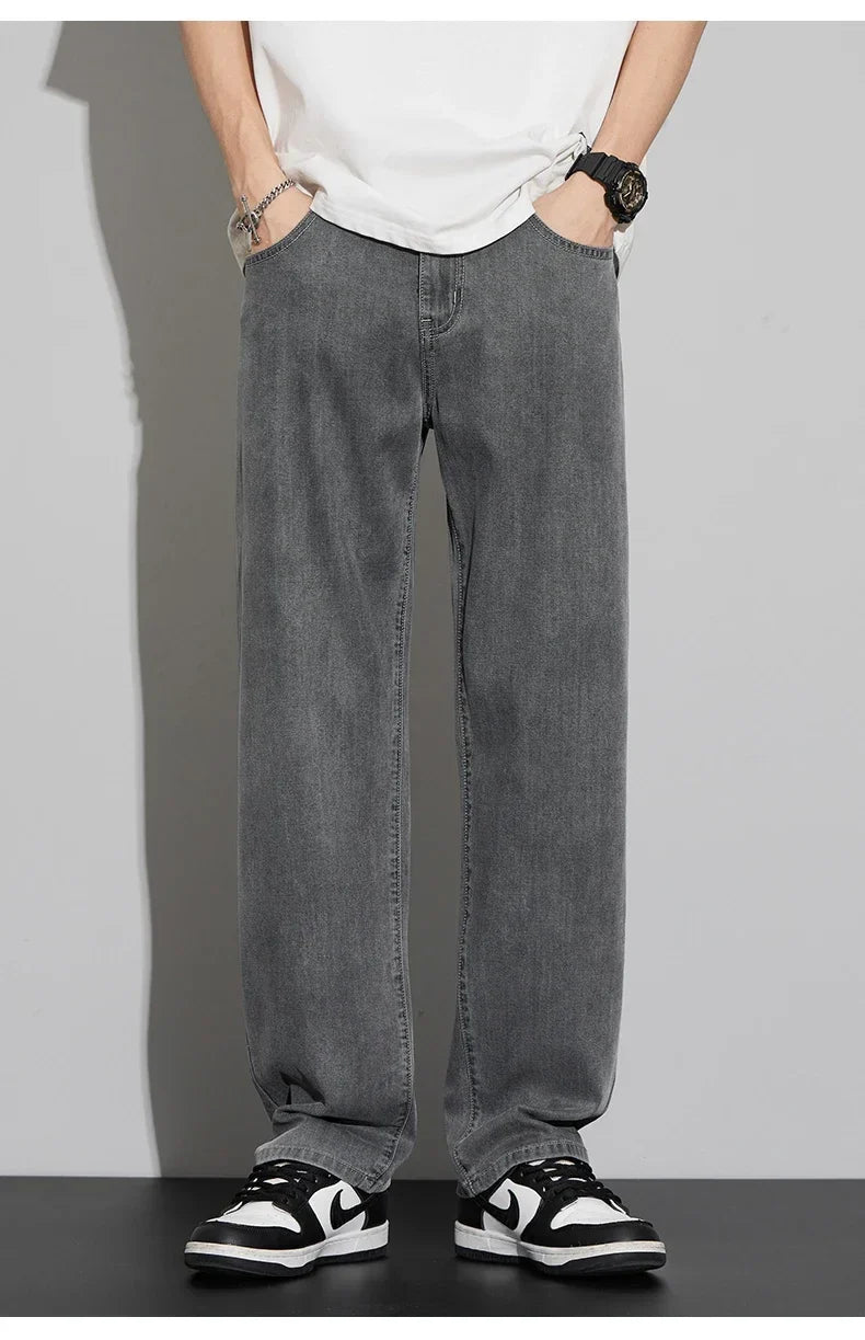 2025 New Lyocell Summer Thin Business Male Pants Jeans Men's High Waist Loose Comfortable Straight Elastic Denim Trousers