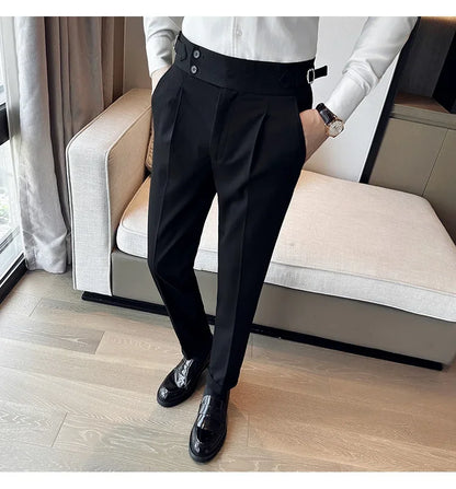 Autumn Winter High Waist Business Dress Pants Men Casual Belt Design Slim Suit Pants Formal Wedding Social Party Male Trousers