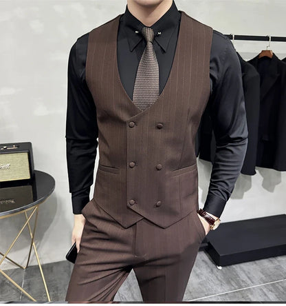 British Style Double-breasted Striped Vest With Pants Men Business Slim Fit Suit Vest 2 pieces Formal Groom Wedding Dress Vest
