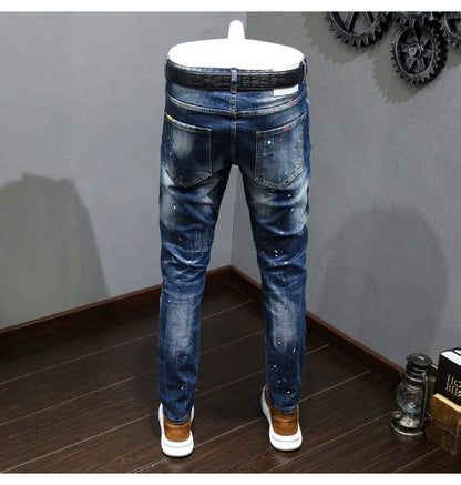 Fashion Designer Men Jeans Retro Blue Stretch Slim Fit Painted Ripped Jeans Men Korean Style Vintage Casual Denim Pants Hombre