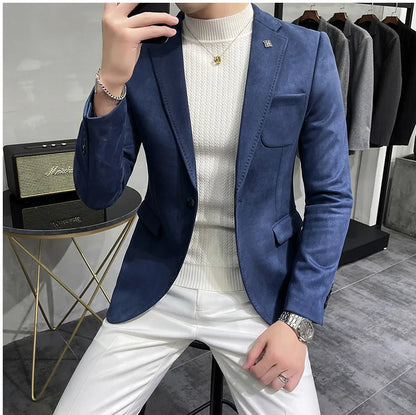 Men's Deerskin Fleece Suit Jacket 2025 Spring New High Quality Single Button Slim Fit Business Casual Suit Coat  Men Clothing