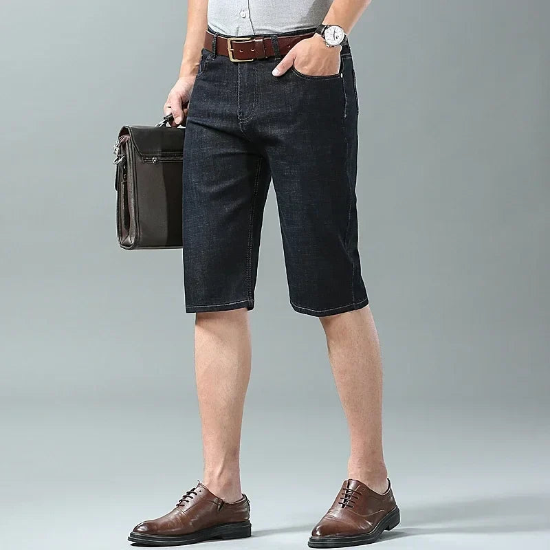 New Summer Men's Denim Shorts Fashion Light Color Casual Loose Multi-pocket Straight Five-minute Pants Elastic Knee Shorts