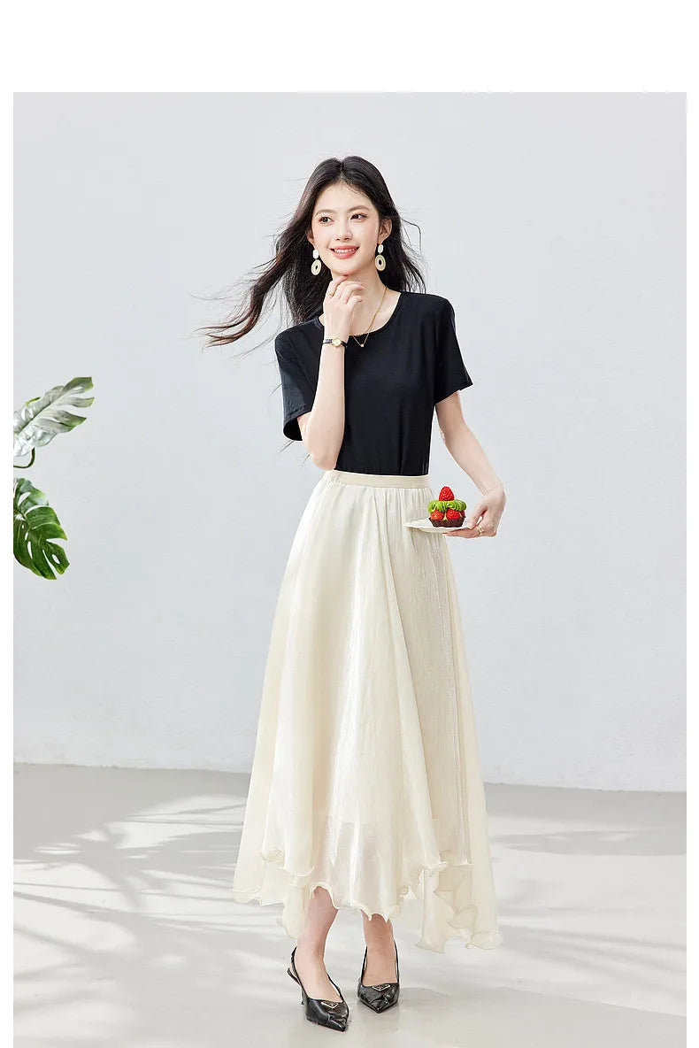 French A-line Shimmer Skirt for Women 2026 Summer New Fashion Irregular Ruffle Hem Elegant Office Maxi Skirt Bottoms 30813