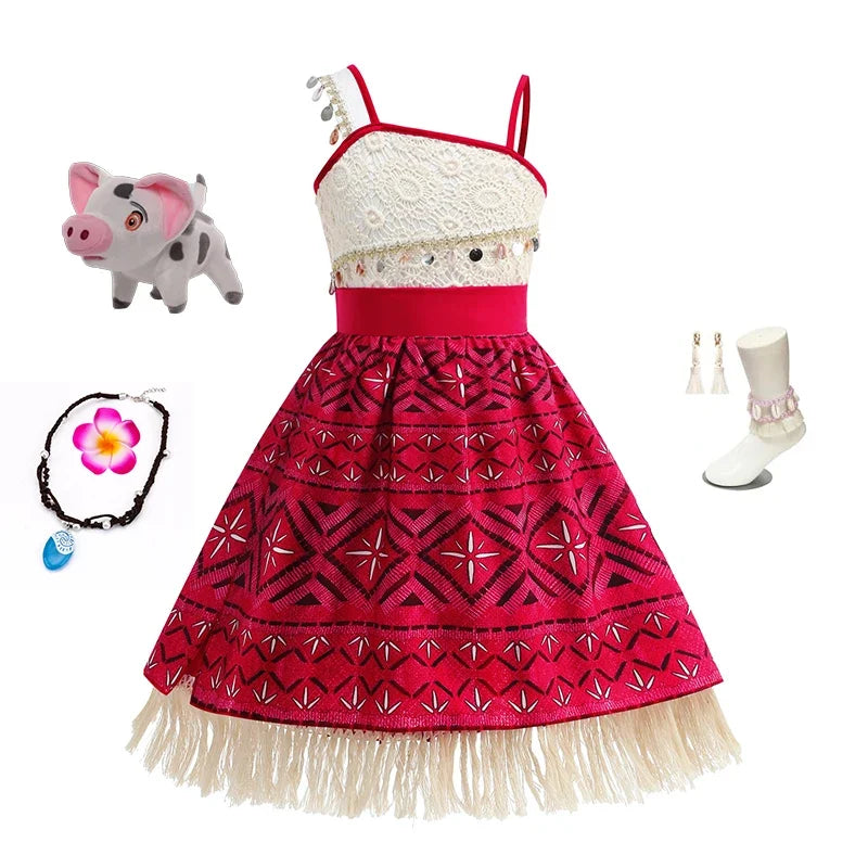 2 Vaiana Costume Girls Princess Dress Children Purim Lace Clothes Kids Cartoon Cosplay Outfits Birthday Party Frock