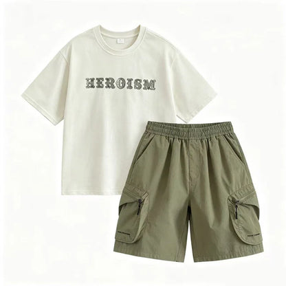New Summer Korean Children Fashion Suit for Teen Boy Cotton Top And Bottom Set Kids Casual Tshirt Shorts 2PCS Clothing Set 7-16Y
