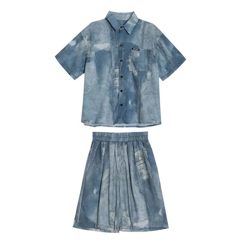 Imitation Denim Shirt Clothing Set Outdoor Summer Wear 2025 New Children's Home Cartoon Fashion From 4 Years Old Boy Outfit Top
