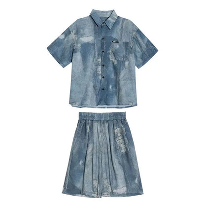 Imitation Denim Shirt Clothing Set Outdoor Summer Wear 2025 New Children's Home Cartoon Fashion From 4 Years Old Boy Outfit Top