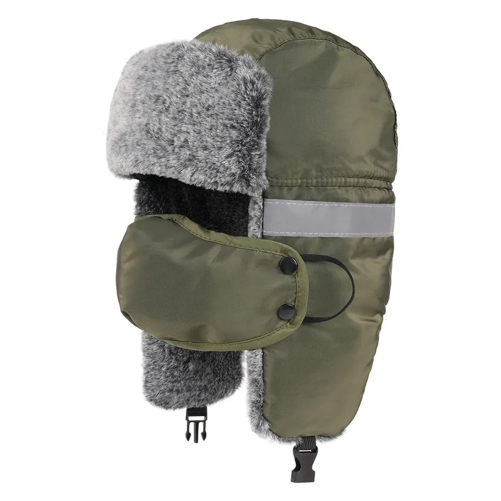 Men's Outdoor Fleece-Lined Thick Warm Reflective Strip Lei Feng Hat with Removable Mask Ear Flap Bomber Hat Winter Pilot Cap
