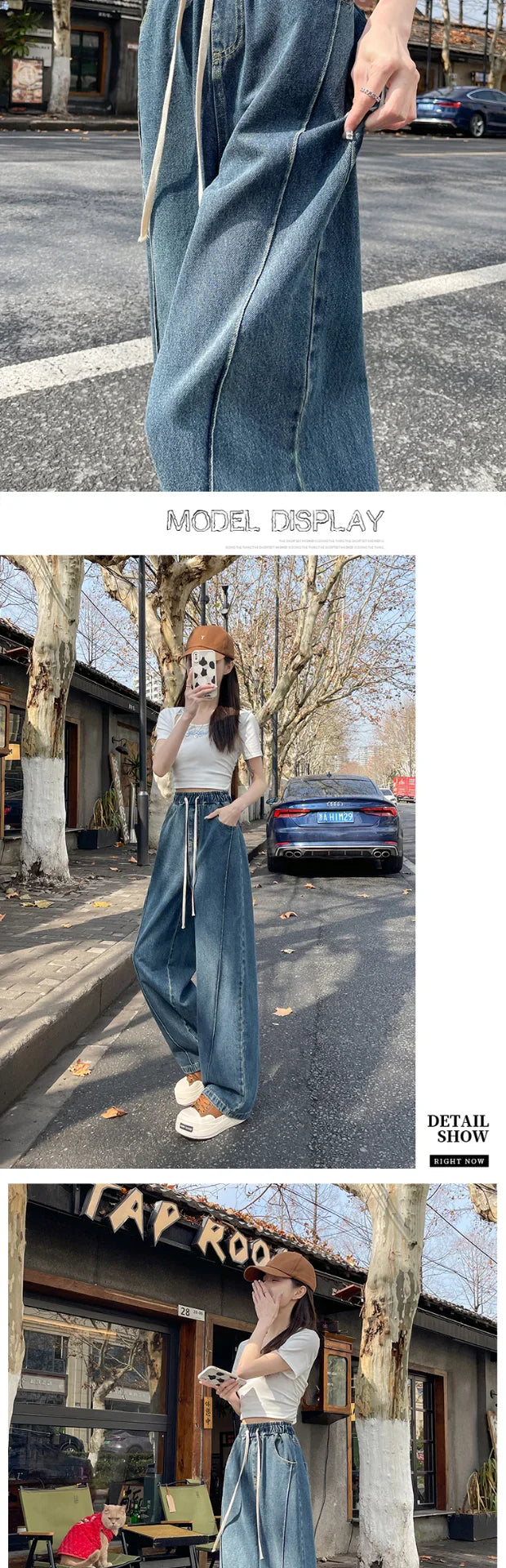 High Waist Wide Leg Jeans Women's Loose Fit Dstring Elastic Waist Long Trousers Blue Denim Spring Season Faion plus Size