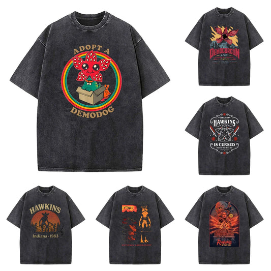 Demogorgon Hawkins Vintage Washed T Shirt Women Men Anime Cotton T Shirt Summer Harajuku Street Tops Clothing