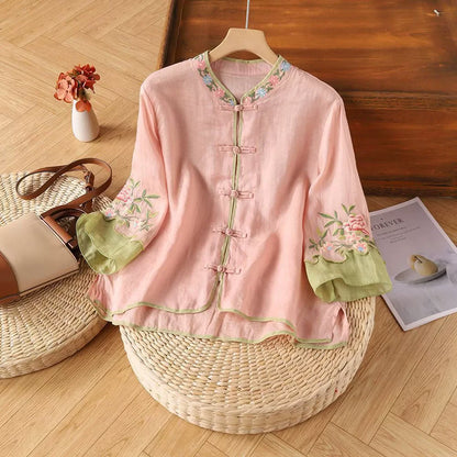 Casual Loose Blouse Shirt Women Clothes Summer Cotton Linen Ladies Tops Tee Blusas Vintage Embroidery Woman Shirt Camiseta Mujer