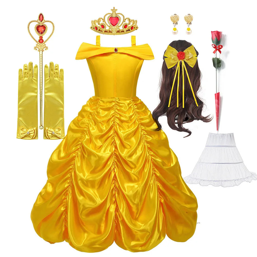 Off Shoulder Yellow Princess Dress for Kids Girl Belle Role Playing Clothing Fancy Carnival Party Birthday Ball Gowns Halloween