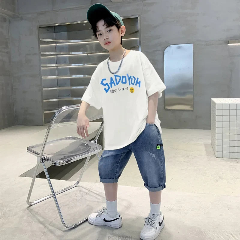 Summer Boys Clothes Set Tshirts + Denim Shorts 2PCS Sport Suit For Teenage Child Clothing Tracksuit Kids Short Sleeve Outerwear
