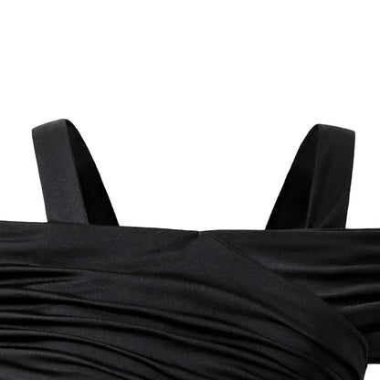 Kids Dress For Girls Black Solid Color Sling Short Sleeve Ruched Tiered Dress 8-12 Years Summer Frenchy Simple Style Elegant
