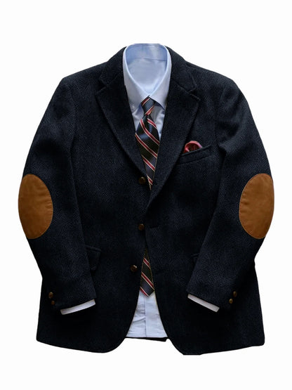 Men's Vintage Herringbone Tweed Blazer With Elbow Patch 2 Button Single Breasted Cotton Casual Slim Fit Business Jacket XS-7XL