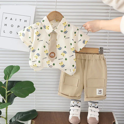 Summer Baby Boys Clothes Suit Children Casual Cartoon Bear Tie Shirt Shorts 2Pcs/Sets Kids Outfits Toddler Costume Clothing 1-5y