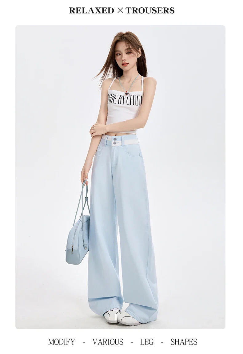 Loose Casual Wide Leg Denim Pants Summer New Thin 100% Cotton Women's High Waist Y2K Contrast Stitching All Match Baggy Jeans
