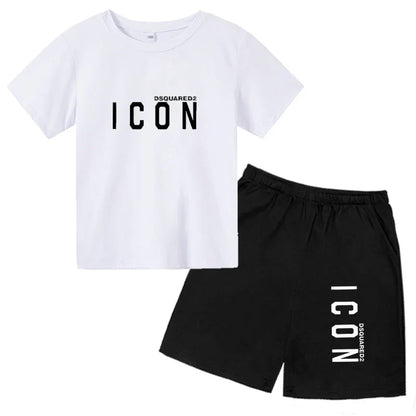ICON print  2-12 Years Boys Girl  Children Clothes T-shirts+ Shorts Sets Casual Short Sleeve shorts suits