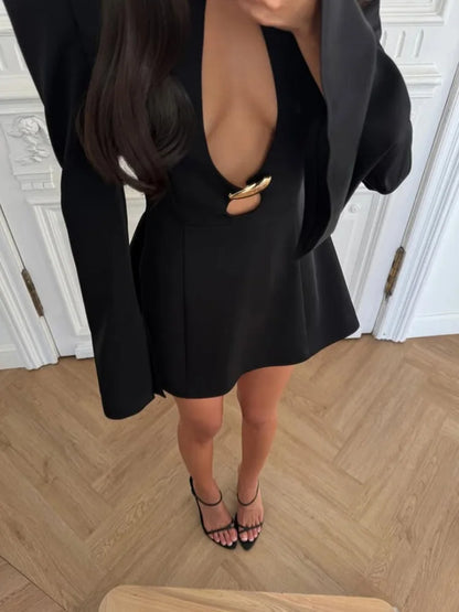 Metal Buckle Hollow Out Women Dresses Autum Fashion Solid O Neck Sheath Long Sleeve Sexy Club Female Bodycon Chic Robes